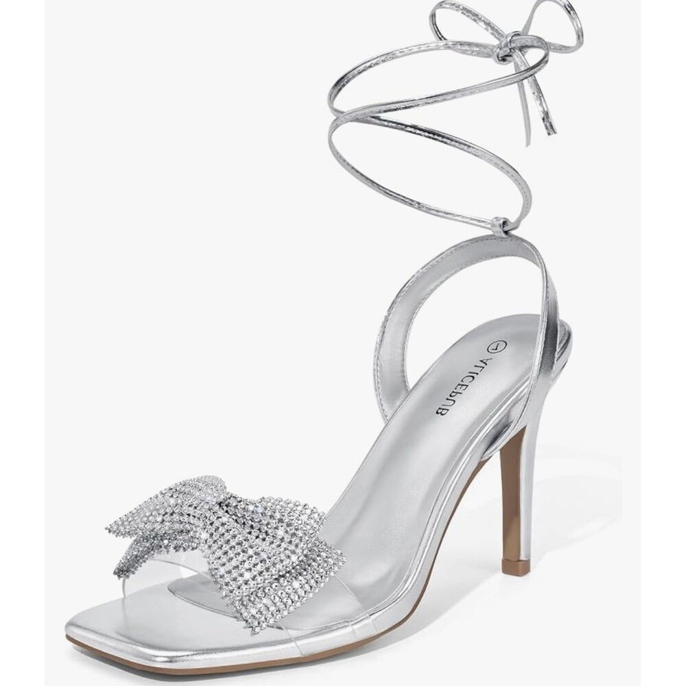 Ladies Silver Open Toe Sandals Bow Bling Size 8 New